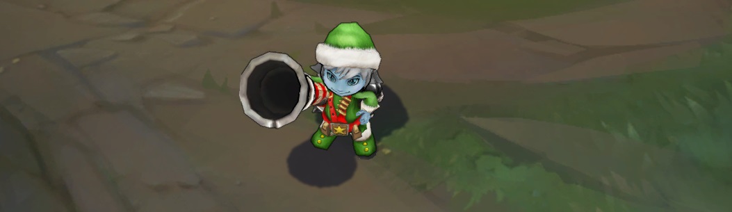 Earnest Elf Tristana ingame picture, splash art, and youtube video.